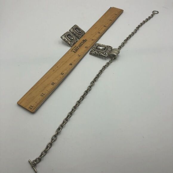 Vintage Bali Style Silver Tone Square Statement Necklace and Pierced Earring Set - Picture 11 of 16